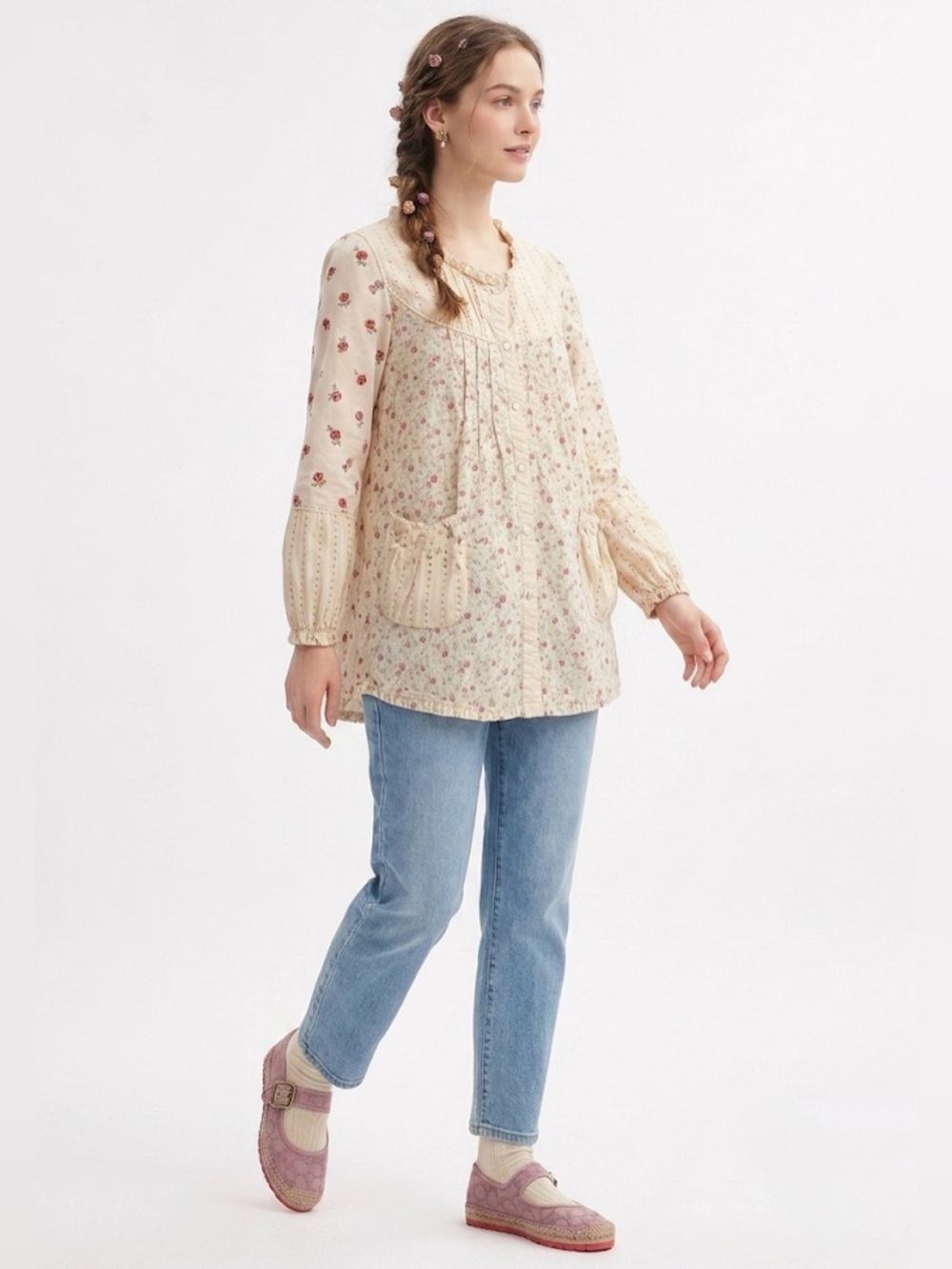 Vintage Floral Cottagecore Mixed Print Button Down Blouse Cream Pink S M